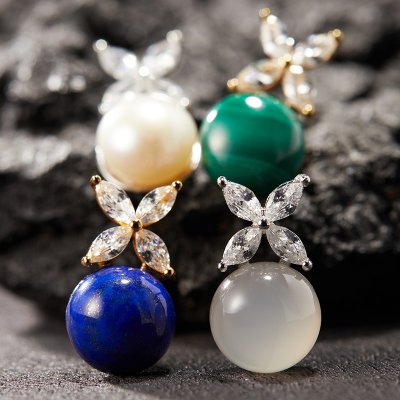 Butterfly Shaped Natural Gemstone and Pearl Stud Earrings Butterfly Shaped Natural Gemstone and Pearl Stud Earrings